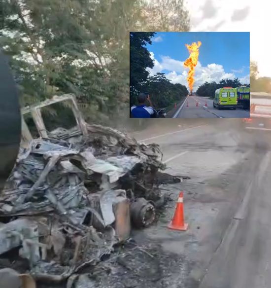 VÍDEO IMPRESSIONA | Carreta-tanque fica destruída após pegar fogo na Serra de São Vicente e trava BR-364