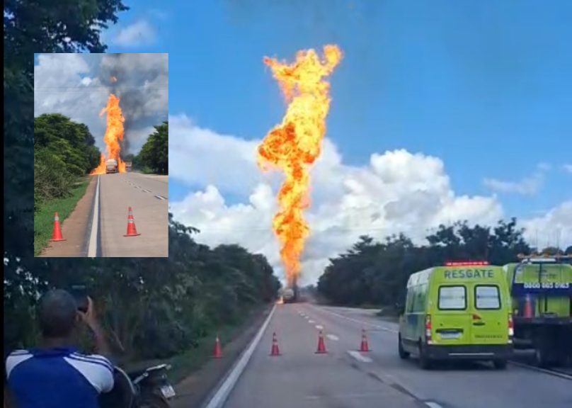 Carreta carregada com etanol é tomada pelas chamas após acidente e causa pânico na Serra de São Vicente; vídeos