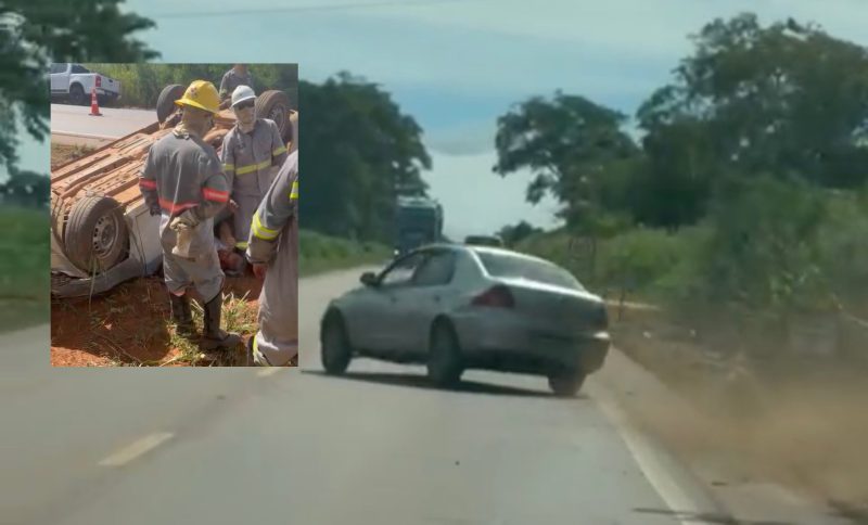 Vídeo mostra carro em zigue-zague e capotamento no anel viário de Rondonópolis; motorista ficou ferido