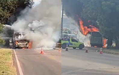 Ônibus de transporte de trabalhadores é destruído por incêndio na BR-364